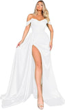 Off Shoulder Satin Bridesmaid Dresses Long Formal Gown for Wedding Ruched Prom Dress with Slit