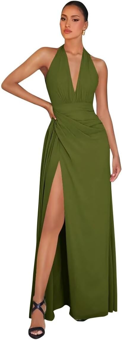 Chiffon Bridesmaid Dresses for Women Long Halter A-line Formal Dress with Slit 2026 Pleated Evening Party Gowns