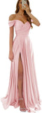 Womens Off Shoulder Prom Evening Dresses Satin Long Formal Wedding Guest Gowns Dress with Slit