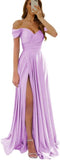 Womens Off Shoulder Prom Evening Dresses Satin Long Formal Wedding Guest Gowns Dress with Slit