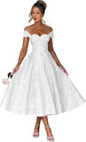 Off Shoulder Tea Length Prom Dress for Women Satin Floral Jacquard A Line Corset Cocktail Dress