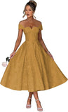 Off Shoulder Tea Length Prom Dress for Women Satin Floral Jacquard A Line Corset Cocktail Dress