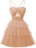 Tulle Homecoming Dresses 2027 Layered Spaghetti Straps Short Prom Dress A-Line Prom Cocktail Party Gown