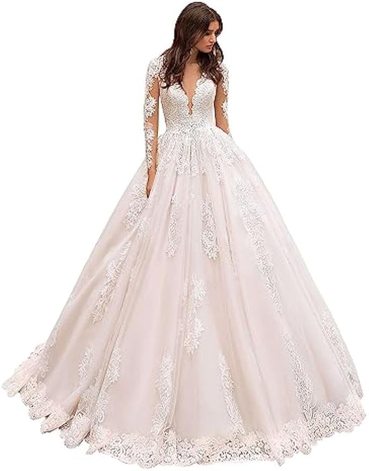 Women's Elegant Lace Beach Wedding Dresses for Bride with Sleeves Wedding Bridal Gowns
