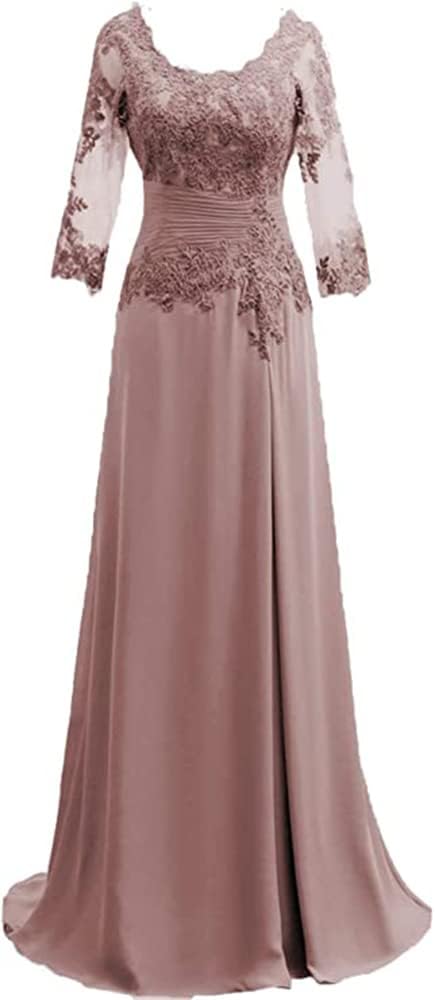 Women's Lace Appliqued Mother of The Bride Dresses 3/4 Sleeves Scoop Long Formal Evening Dress