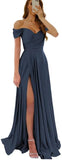 Womens Off Shoulder Prom Evening Dresses Satin Long Formal Wedding Guest Gowns Dress with Slit