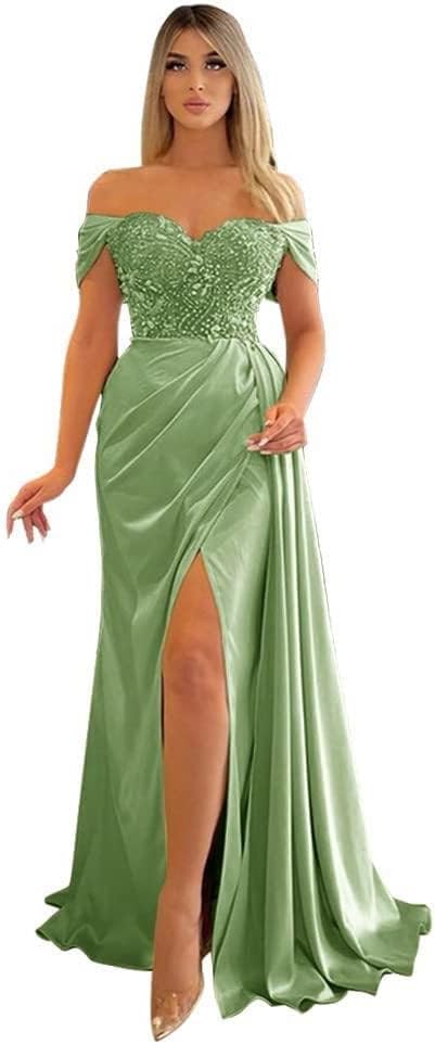 Off Shoulder Beaded Satin Bridesmaid Dresses for Women 2027 Mermaid Prom Dress with Slit