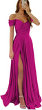 Womens Off Shoulder Prom Evening Dresses Satin Long Formal Wedding Guest Gowns Dress with Slit