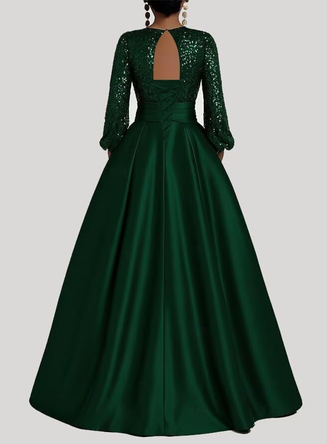 Satin Mother of Bride Dresses Long for Women Sequin Long Sleeve Evening Gown with Pockets