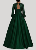 Satin Mother of Bride Dresses Long for Women Sequin Long Sleeve Evening Gown with Pockets