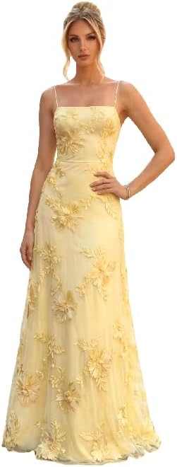 Floral Embroidery Prom Dresses for Women Spaghetti Straps A Line Formal Maxi Dress