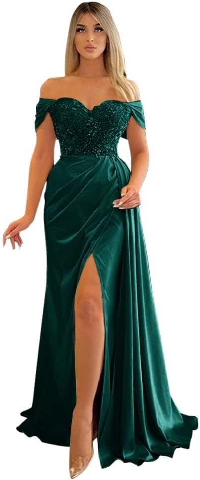 Off Shoulder Beaded Satin Bridesmaid Dresses for Women 2027 Mermaid Prom Dress with Slit