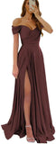 Womens Off Shoulder Prom Evening Dresses Satin Long Formal Wedding Guest Gowns Dress with Slit