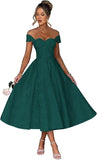 Off Shoulder Tea Length Prom Dress for Women Satin Floral Jacquard A Line Corset Cocktail Dress