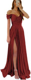 Womens Off Shoulder Prom Evening Dresses Satin Long Formal Wedding Guest Gowns Dress with Slit