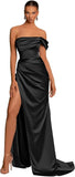 One Shoulder Mermaid Bridesmaid Dresses with Slit 2025 Pleats Satin Formal Evening Gowns for Women