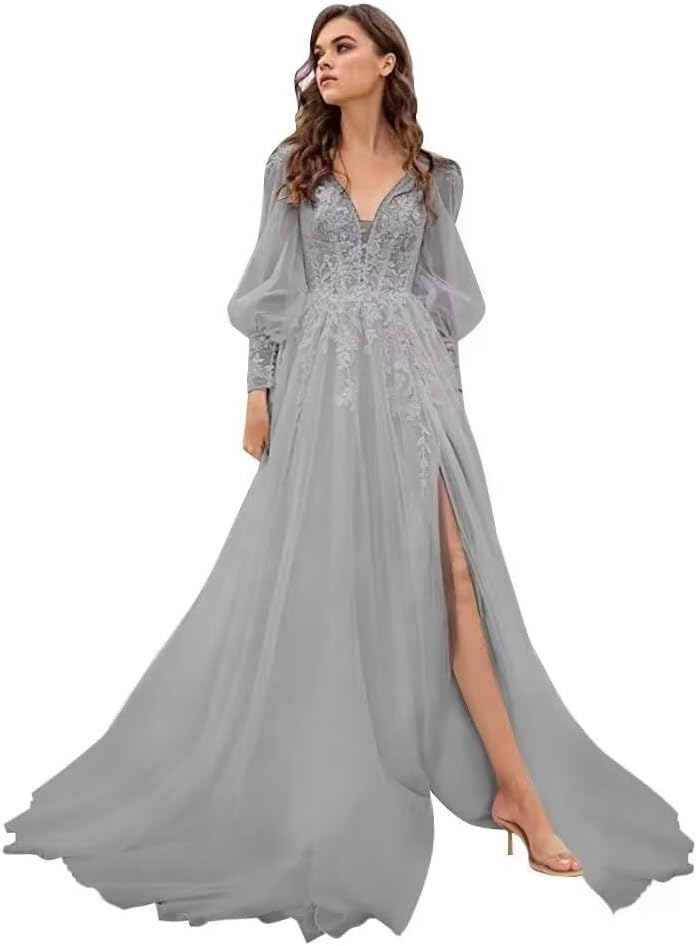 Long Sleeve Tulle Prom Evening Dresses Long Lace Applique A Line Ball Gown 2027