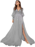 Long Sleeve Tulle Prom Evening Dresses Long Lace Applique A Line Ball Gown 2027