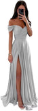 Women's Off Shoulder Satin Bridesmaid Dresses Long Ruched Mermaid Formal Dresses with Slit