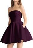 Women's Strapless Satin Short Prom Dresses with Pocket A Line Glitter Homecoming Dress Short Evening Party Ball Gown