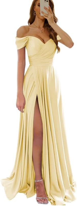 Womens Off Shoulder Prom Evening Dresses Satin Long Formal Wedding Guest Gowns Dress with Slit