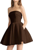 Women's Strapless Satin Short Prom Dresses with Pocket A Line Glitter Homecoming Dress Short Evening Party Ball Gown