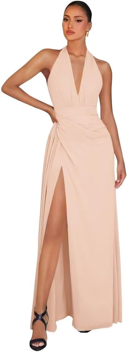 Chiffon Bridesmaid Dresses for Women Long Halter A-line Formal Dress with Slit 2026 Pleated Evening Party Gowns