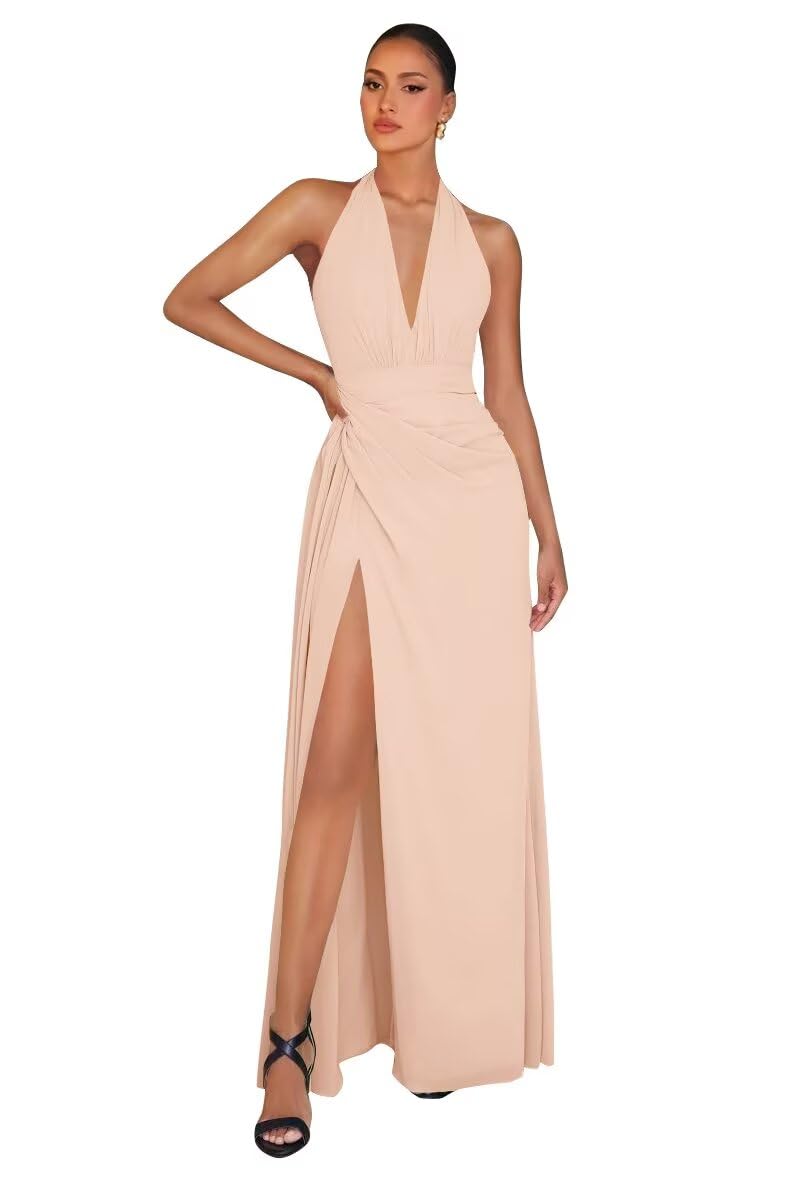 Chiffon Bridesmaid Dresses for Women Long Halter A-line Formal Dress with Slit 2026 Pleated Evening Party Gowns