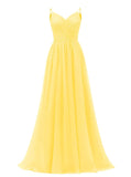 Women's Lace Chiffon Bridesmaid Dresses for Wedding Long Spaghetti Straps Bodice Formal Party Gown with Pockets