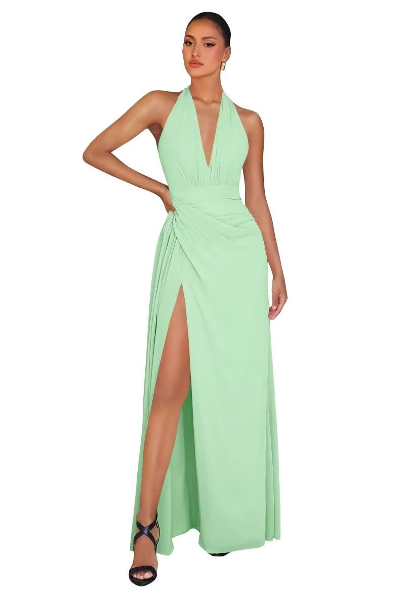 Chiffon Bridesmaid Dresses for Women Long Halter A-line Formal Dress with Slit 2026 Pleated Evening Party Gowns