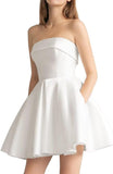 Women's Strapless Satin Short Prom Dresses with Pocket A Line Glitter Homecoming Dress Short Evening Party Ball Gown