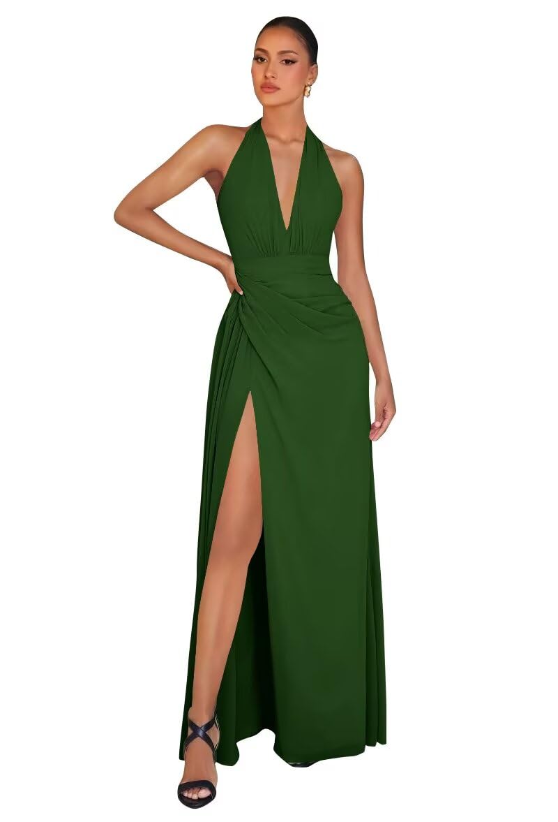 Chiffon Bridesmaid Dresses for Women Long Halter A-line Formal Dress with Slit 2026 Pleated Evening Party Gowns