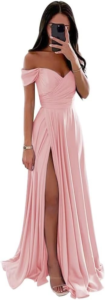Women's Off Shoulder Satin Bridesmaid Dresses Long Ruched Mermaid Formal Dresses with Slit