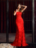 Vestido de noche de fiesta con escote en V, sin mangas, largo y encaje, corte trompeta/sirena