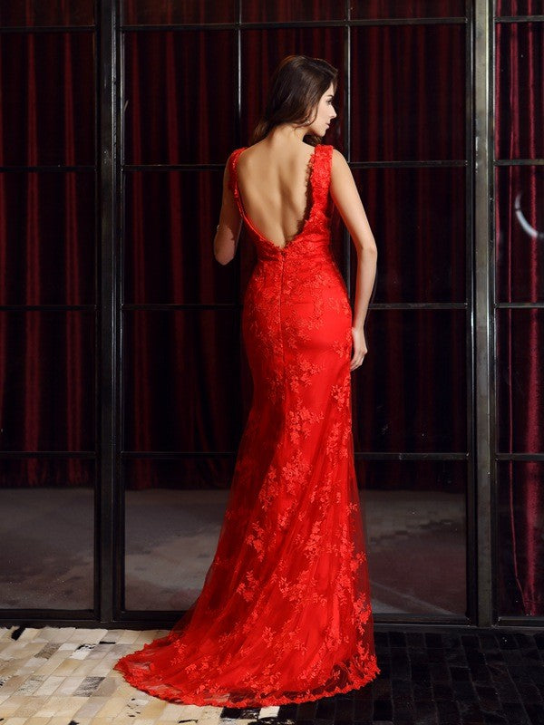 Vestido de noche de fiesta con escote en V, sin mangas, largo y encaje, corte trompeta/sirena