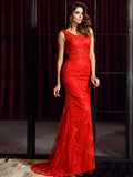 Vestido de noche de fiesta con escote en V, sin mangas, largo y encaje, corte trompeta/sirena