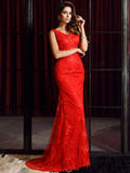 Vestido de noche de fiesta con escote en V, sin mangas, largo y encaje, corte trompeta/sirena