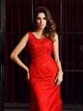 Vestido de noche de fiesta con escote en V, sin mangas, largo y encaje, corte trompeta/sirena