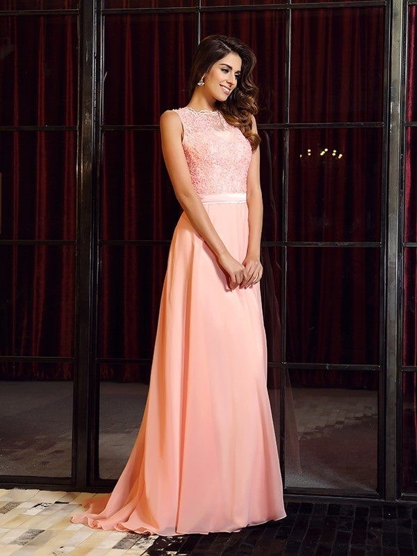 Vestido de noche de graduación de gasa largo sin mangas con apliques y cuello alto de corte A/princesa