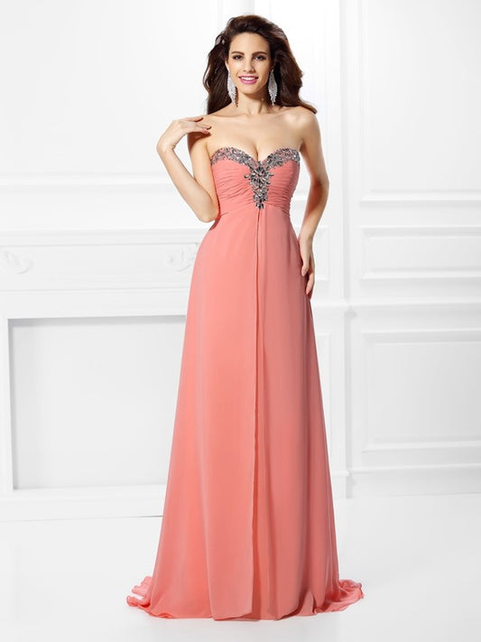Vestido de noche de graduación de gasa largo sin mangas con escote corazón y cuentas de corte A/princesa