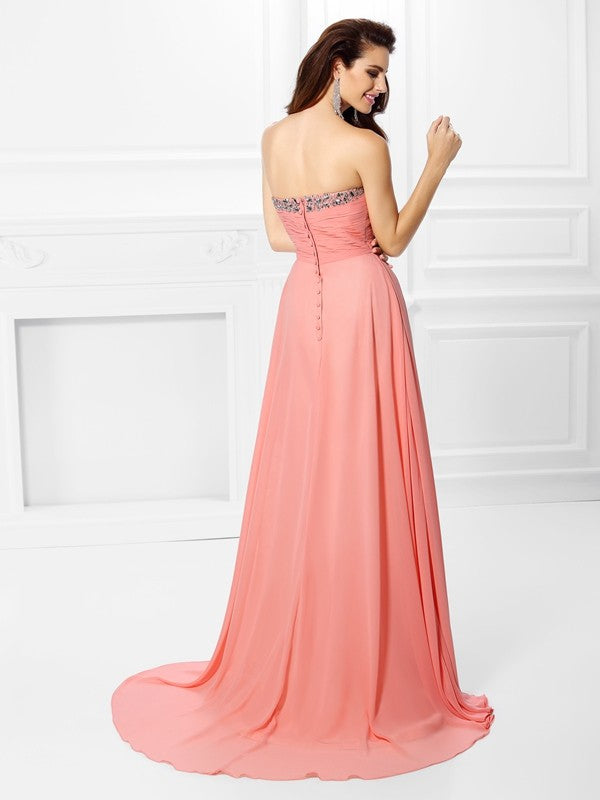 Vestido de noche de graduación de gasa largo sin mangas con escote corazón y cuentas de corte A/princesa