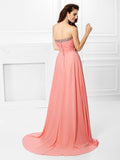Vestido de noche de graduación de gasa largo sin mangas con escote corazón y cuentas de corte A/princesa