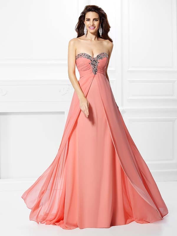 Vestido de noche de graduación de gasa largo sin mangas con escote corazón y cuentas de corte A/princesa