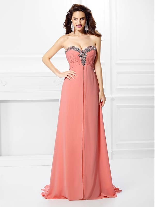 Vestido de noche de graduación de gasa largo sin mangas con escote corazón y cuentas de corte A/princesa