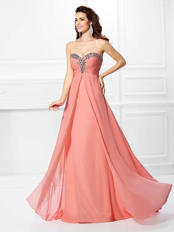 Vestido de noche de graduación de gasa largo sin mangas con escote corazón y cuentas de corte A/princesa
