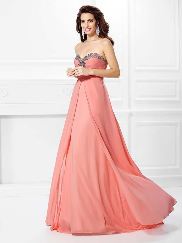 Vestido de noche de graduación de gasa largo sin mangas con escote corazón y cuentas de corte A/princesa