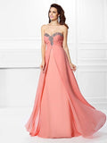 Vestido de noche de graduación de gasa largo sin mangas con escote corazón y cuentas de corte A/princesa