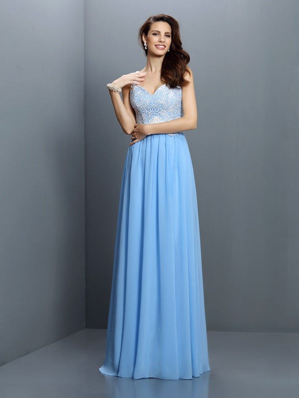 A-Line/Princess V-neck Lace Sleeveless Long Chiffon Bridesmaid Dresses Evening Prom Dress