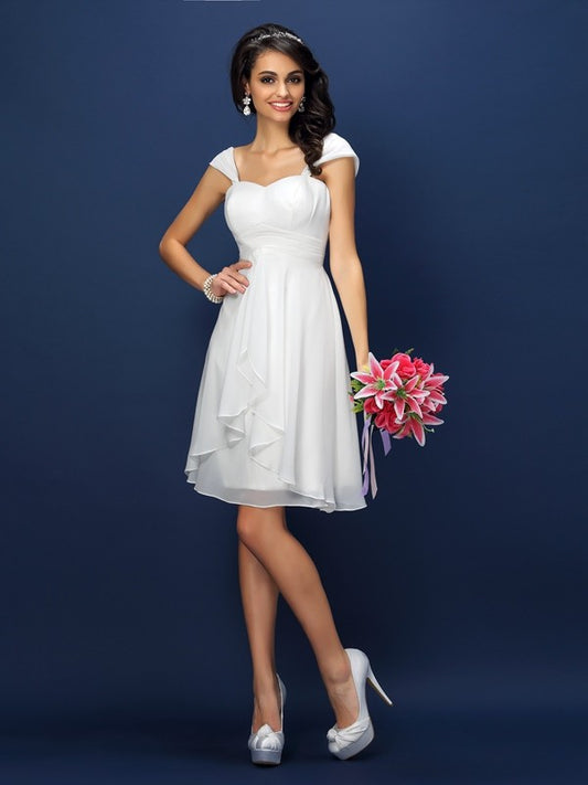 Vestido de dama de honor de gasa corto, corte A/princesa, con tirantes, plisado, sin mangas, para invitada de boda