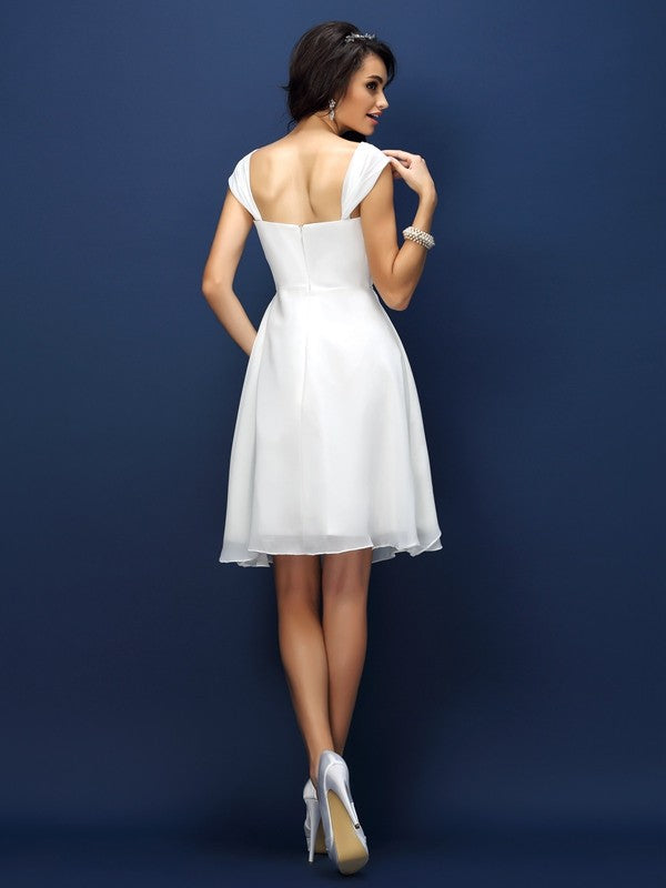 Vestido de dama de honor de gasa corto, corte A/princesa, con tirantes, plisado, sin mangas, para invitada de boda